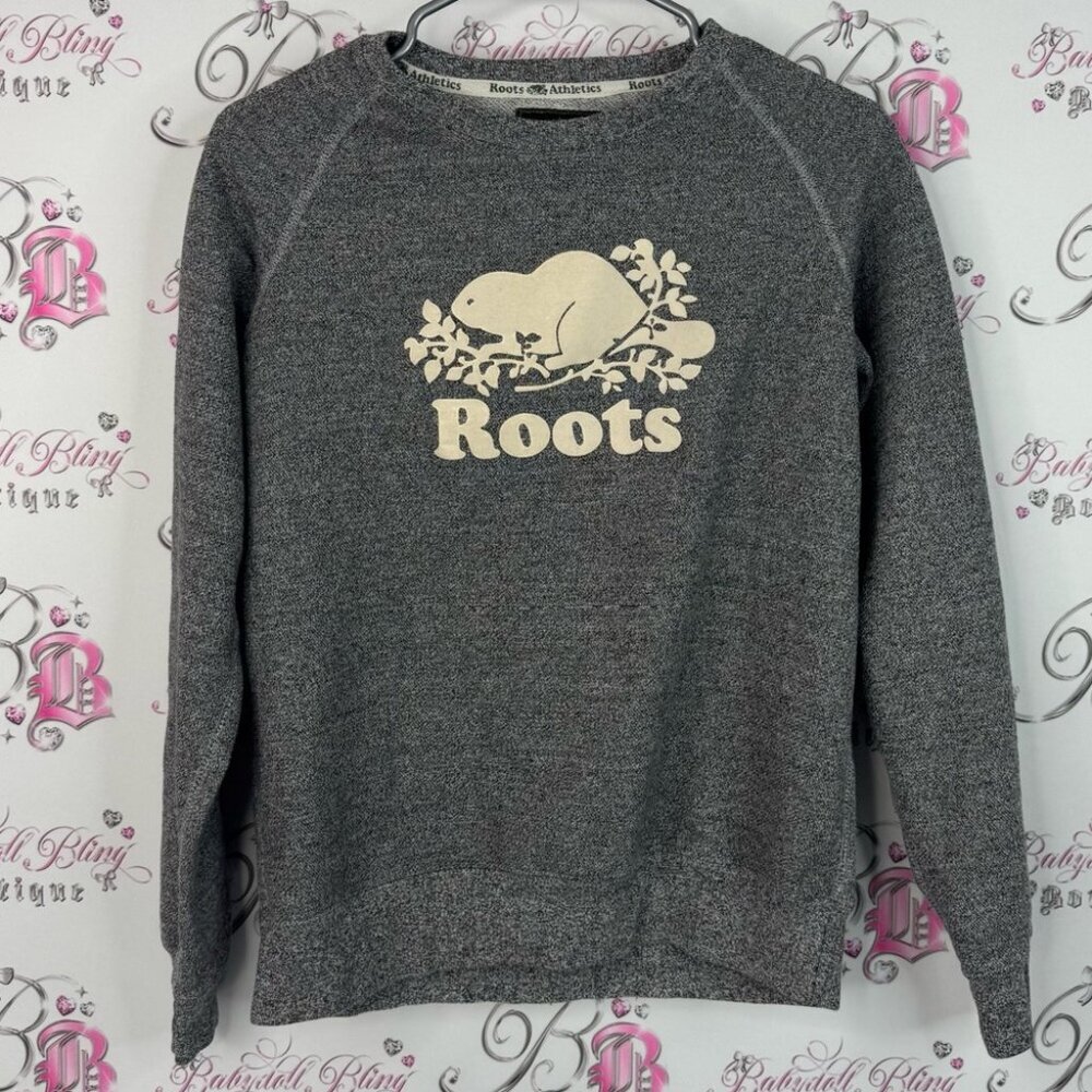 Roots athletics sweater pull over crew neck Charcoal Sweatshirt Cream Logo